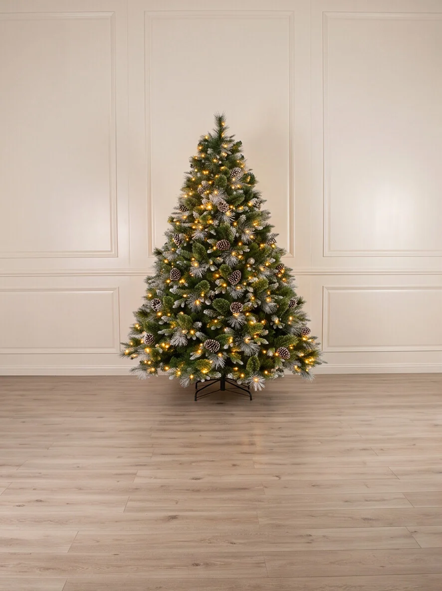 8 ft dense bushy Glenfrost artificial Christmas tree with warm white lights