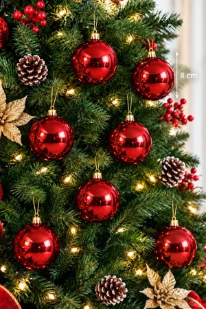 8 cm red Christmas baubles decorated on an artificial Christmas tree