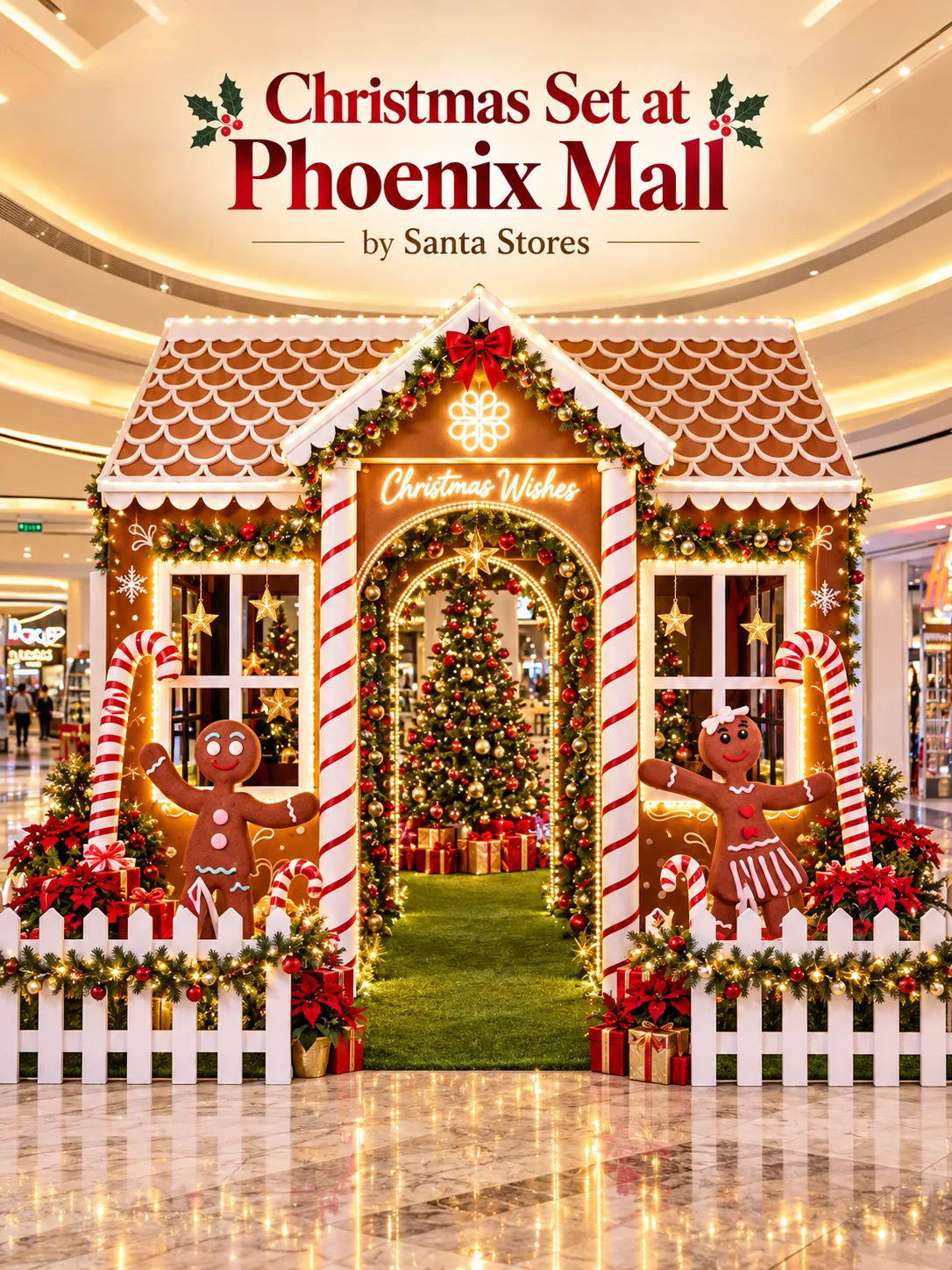 Christmas set at Phoenix Mall by Santa Stores featuring a festive gingerbread house, Christmas tree, candy canes, gingerbread figures, garlands and warm Christmas lights