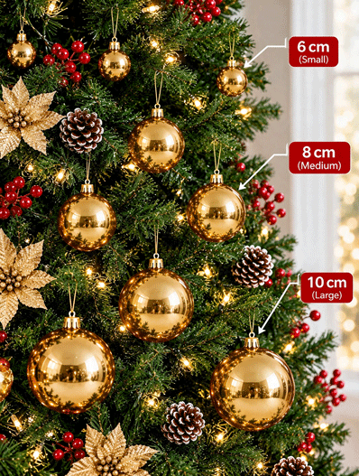 6 cm, 8 cm and 10 cm gold Christmas baubles on an artificial Christmas tree