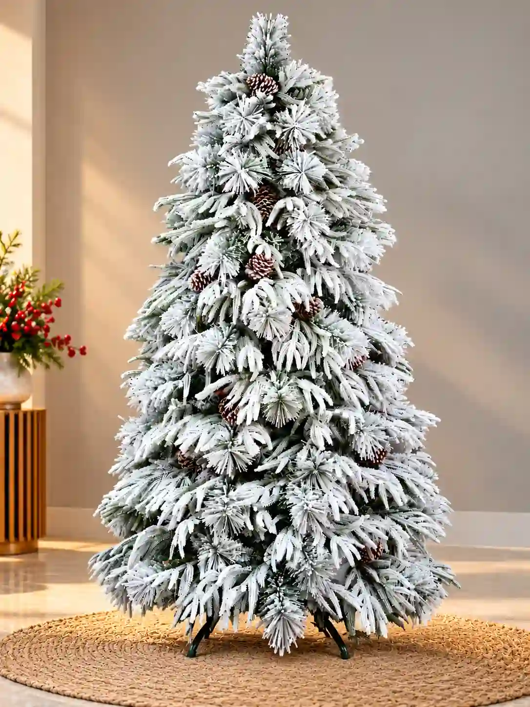 6 feet Alaskan Snow Pine artificial Christmas tree with 665 tips, realistic PE leaves and pine foliage.