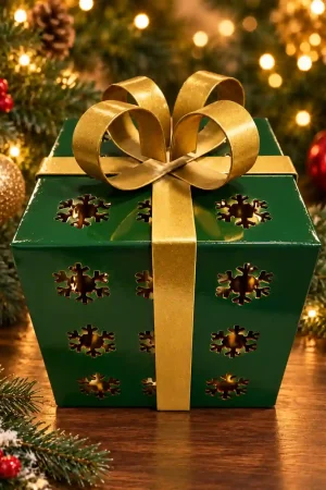 Green metal Christmas gift box decoration – buy Christmas decorations online in India at Santa Stores.