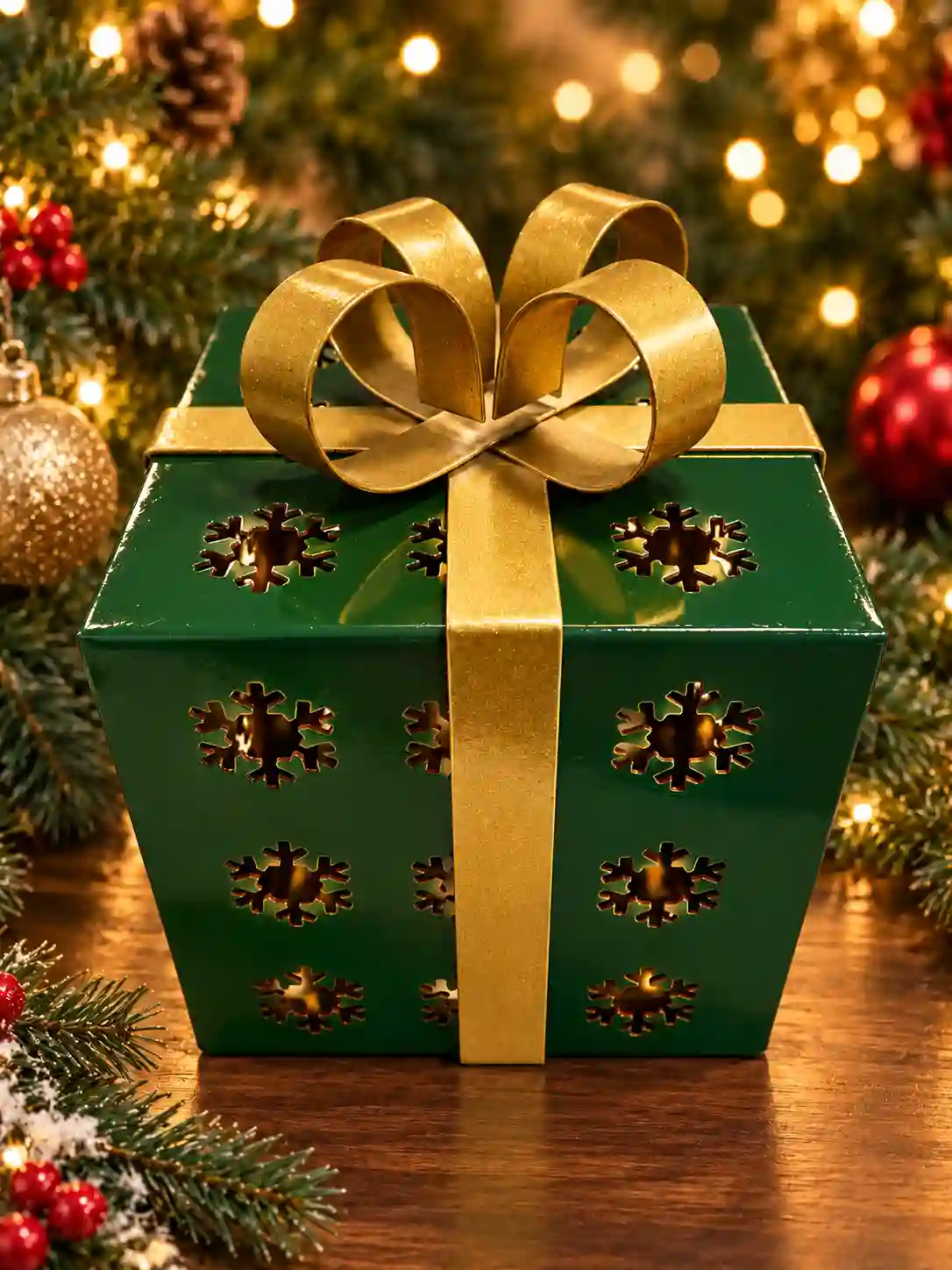 Green metal Christmas gift box decoration – buy Christmas decorations online in India at Santa Stores.