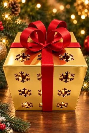 Christmas metal gift box decoration in red, gold, white and green with festive ribbon bow