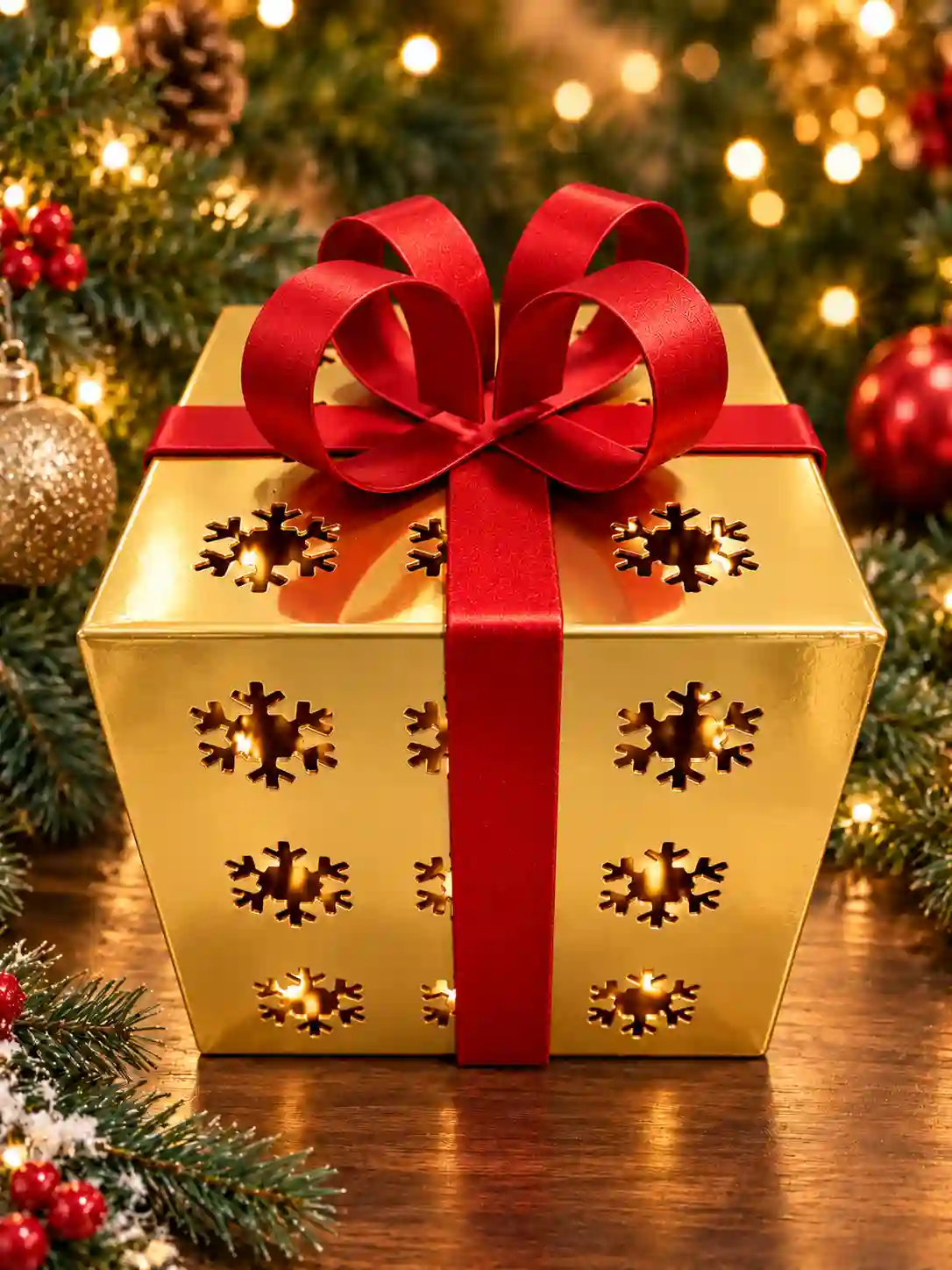 Christmas metal gift box decoration in red, gold, white and green with festive ribbon bow